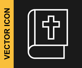 White line Holy bible book icon isolated on black background. Vector