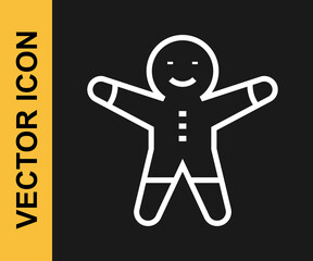 White line Holiday gingerbread man cookie icon isolated on black background. Cookie in shape of man with icing. Vector