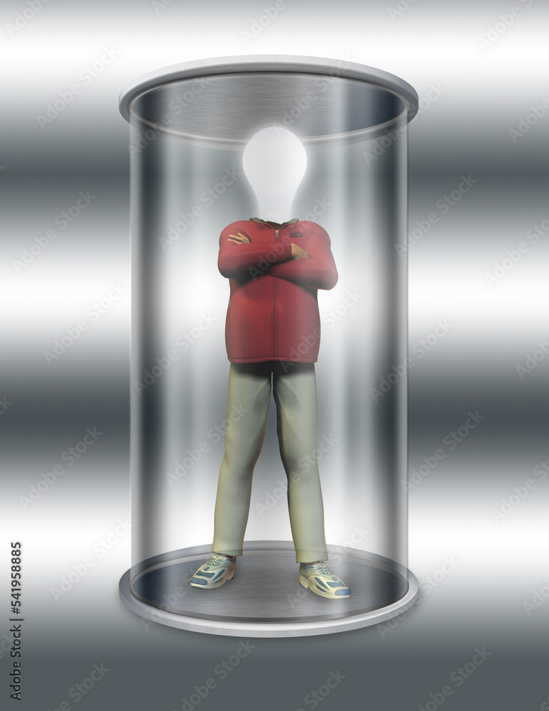 Poster man with light bulb instead of head