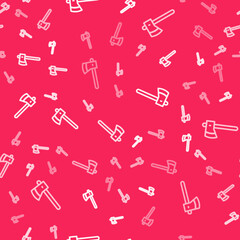 White line Wooden axe icon isolated seamless pattern on red background. Lumberjack axe. Vector