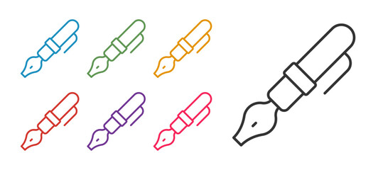 Set line Fountain pen nib icon isolated on white background. Pen tool sign. Set icons colorful. Vector