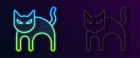 Glowing neon line Black cat icon isolated on black background. Happy Halloween party. Vector