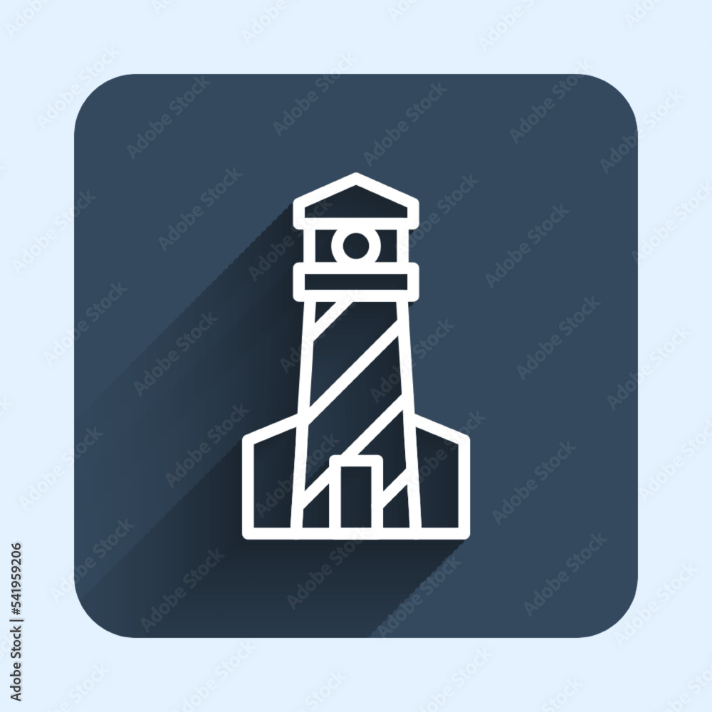 Aufkleber white line lighthouse icon isolated with long shadow background. blue square button. vector