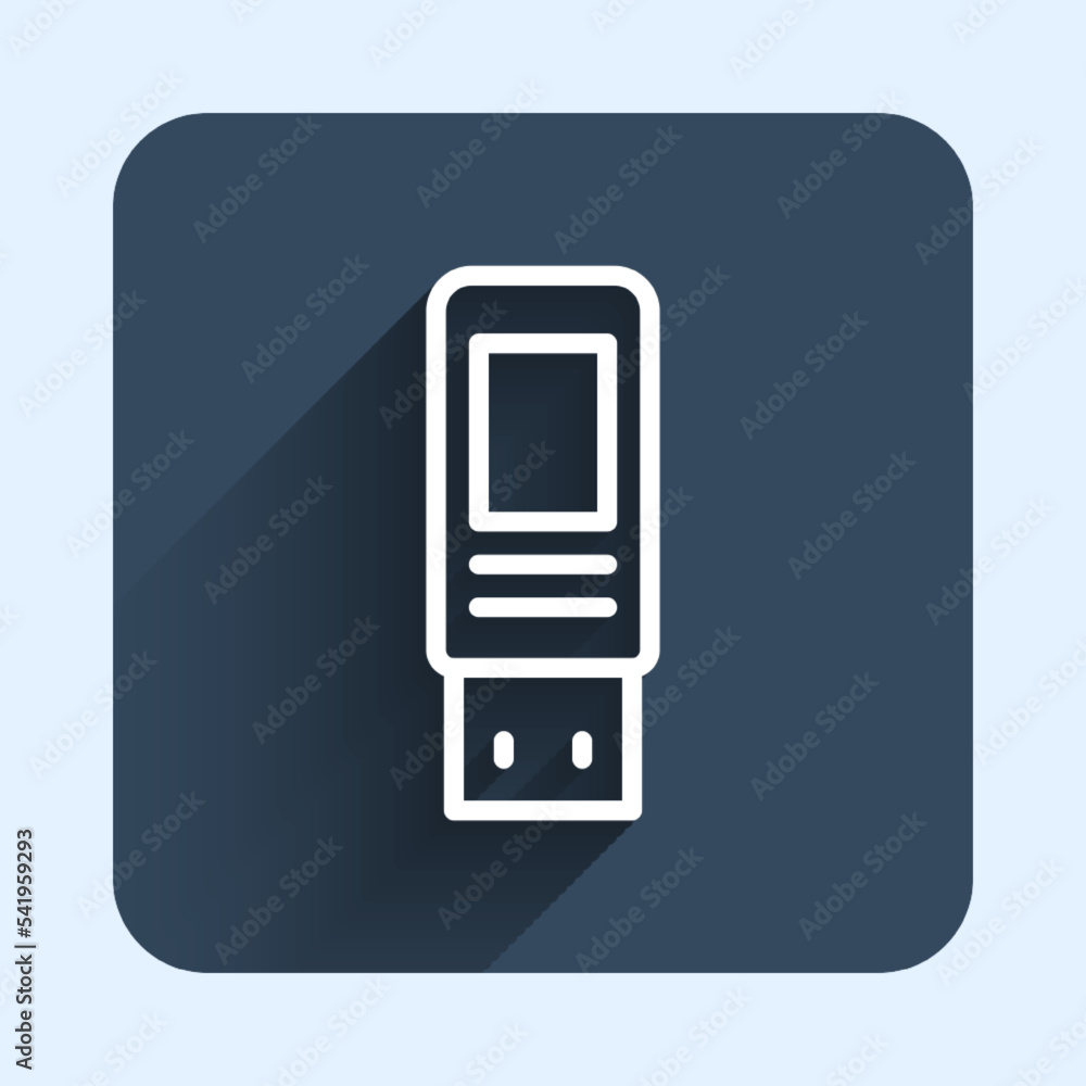 Poster white line usb flash drive icon isolated with long shadow background. blue square button. vector