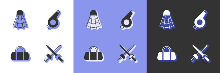 Set Fencing, Badminton shuttlecock, Sport bag and Whistle icon. Vector