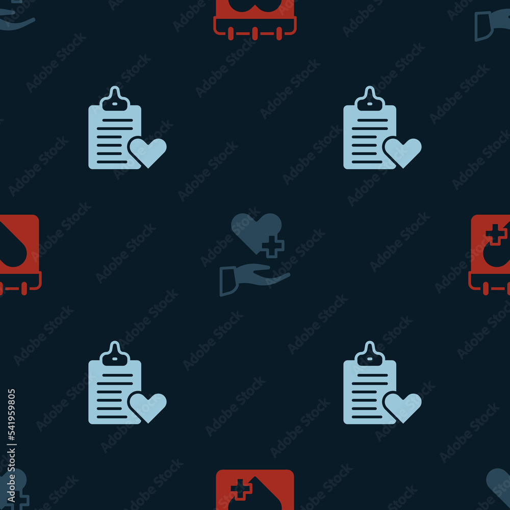 Sticker Set Doctor appointment, Heart with cross and Patient record on seamless pattern. Vector