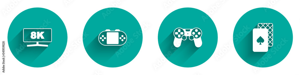 Poster set computer monitor, portable video game console, game controller joystick and playing cards icon w