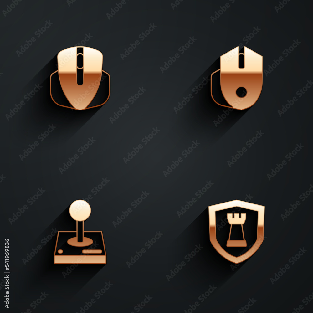 Poster set computer mouse, joystick for arcade machine and chess shield icon with long shadow. vector