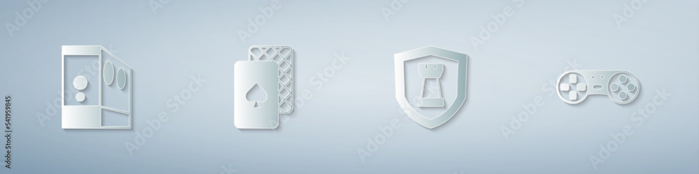 Poster Set Case of computer, Playing cards, Chess shield and Game controller or joystick. Paper art style. Vector