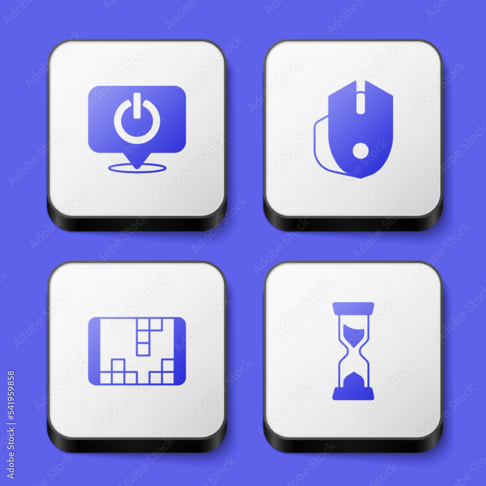 Poster set power button, computer mouse, portable video game console and old hourglass icon. white square b