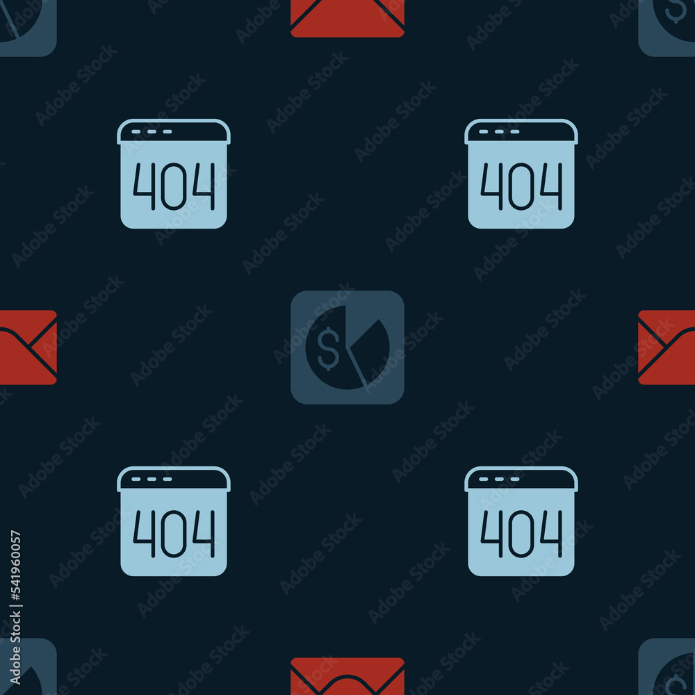Poster set mail and e-mail, market analysis and page with 404 error on seamless pattern. vector