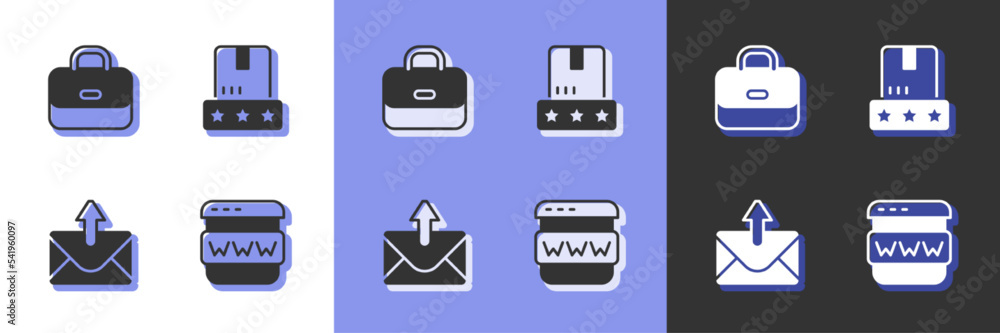 Poster set browser window, briefcase, mail and e-mail and consumer product rating icon. vector