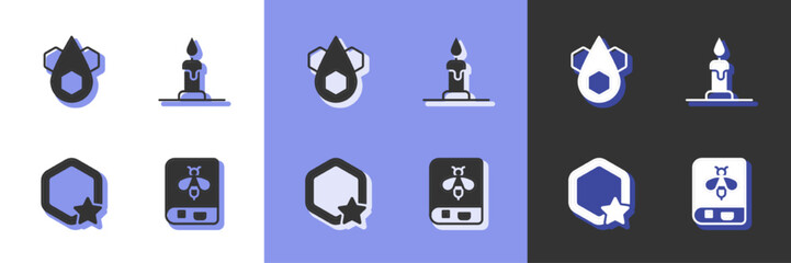 Set Book about bee, Honeycomb, and Burning candle icon. Vector