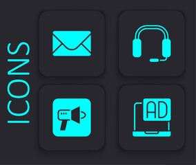 Obraz premium Set Advertising, Mail and e-mail, Headphones and Megaphone icon. Black square button. Vector