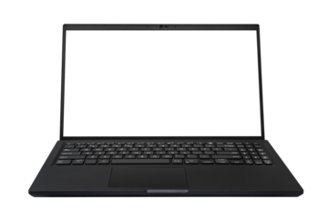 Black laptop with blank screen isolated on transparent background