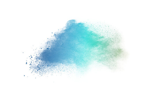 Blue and green pastel powder explosion isolated on white background.