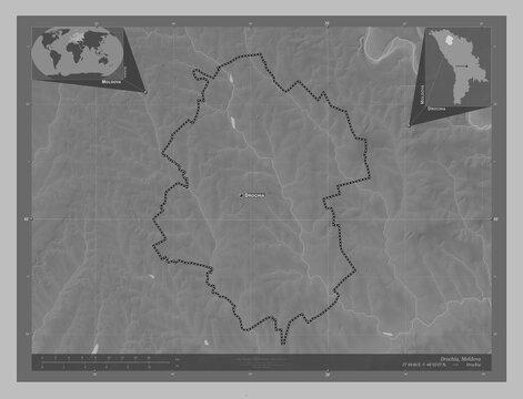 Drochia, Moldova. Grayscale. Labelled points of cities
