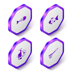 Set Isometric Fish skeleton, Spinning reel for fishing and Fishing net icon. Purple hexagon button. Vector