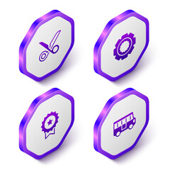 Set Isometric Scissors, Gear, Medal with star and School Bus icon. Purple hexagon button. Vector