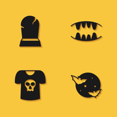 Set Tombstone with RIP written, Moon and stars, Shirt skull and Vampire teeth icon with long shadow. Vector