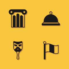 Set Ancient column, Flag Italy, Carnival mask and Covered with tray of food icon with long shadow. Vector