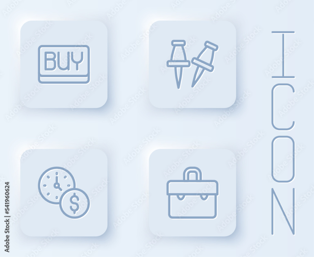 Poster set line buy button, push pin, time is money and briefcase. white square button. vector