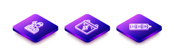 Set Isometric line Electrician, Car battery and extension icon. Vector