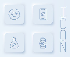 Set line Recycle symbol, Mobile phone with leaf, Garbage bag and Eco nature battery. White square button. Vector