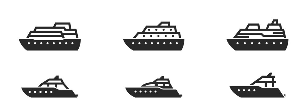 cruise ship and yacht icon set. sea travel, vacation and cruise symbols. isolated vector images