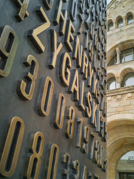Poznan Poland May 10 2019 Monument of cryptologists in front of cultural center Zamek