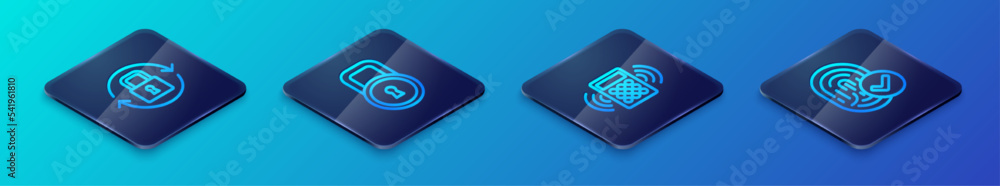 Poster set isometric line security keypad access panel, lock, fingerprint and icon. vector