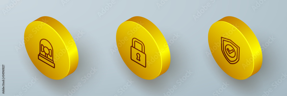 Poster set isometric line ringing alarm bell, lock and shield with check mark icon. vector