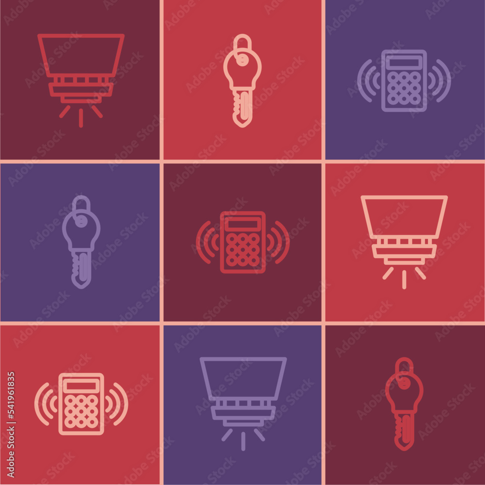 Poster set line fire sprinkler system, security keypad access panel and key icon. vector