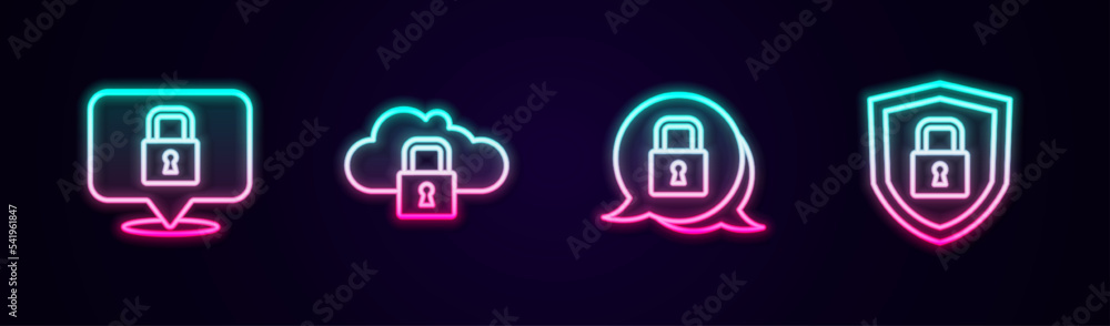 Poster set line lock, cloud computing lock, and shield security with. glowing neon icon. vector