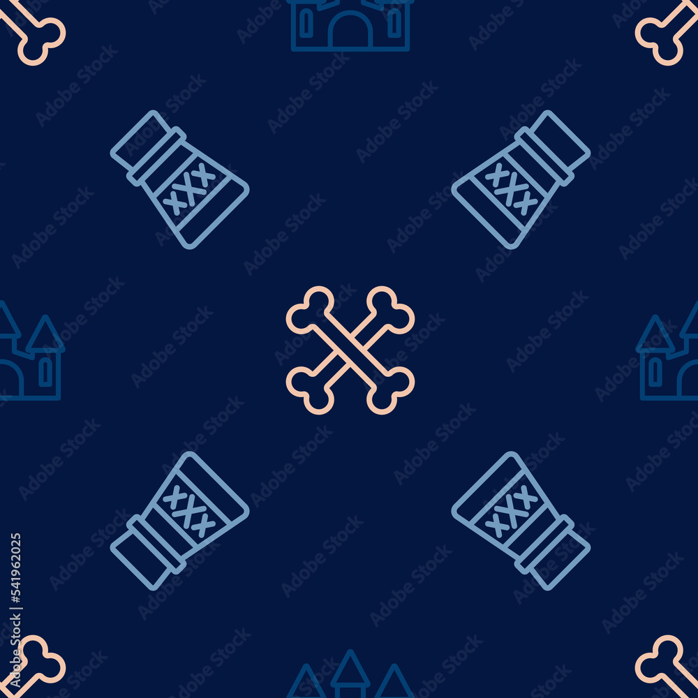 Poster set line castle, bottle with potion and crossed bones on seamless pattern. vector