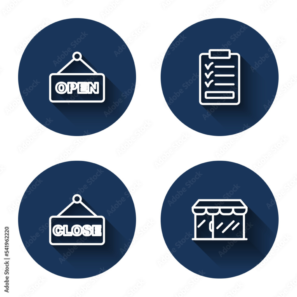 Poster set line hanging sign with text open, clipboard checklist, closed and market store with long shadow.