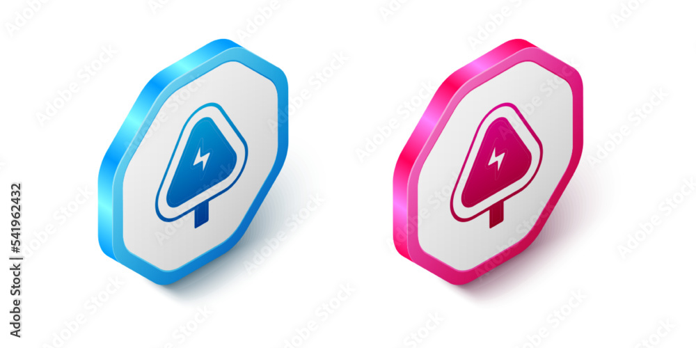 Poster isometric high voltage sign icon isolated on white background. danger symbol. arrow in triangle. war