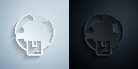 Paper cut Worldwide shipping icon isolated on grey and black background. Paper art style. Vector