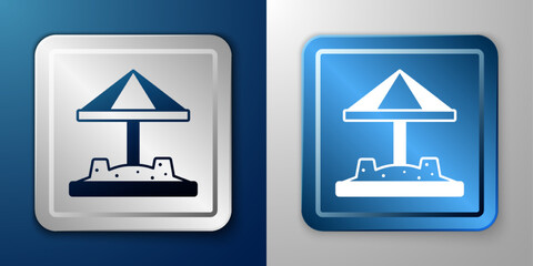 White Sandbox for kids with sand and umbrella icon isolated on blue and grey background. Silver and blue square button. Vector