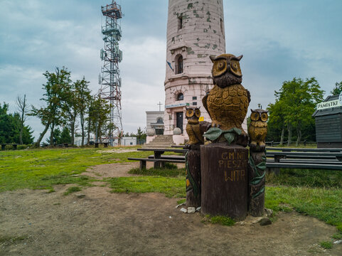 Pieszyce August 20 2019 Wooden owls statue on peak of Wielka Sowa mountain