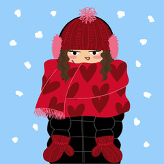 Illustration of a girl very warm with winter clothes under the snow. © Joana  Juhé lajú