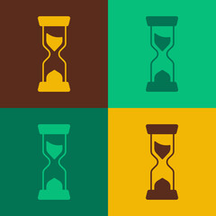 Pop art Old hourglass with flowing sand icon isolated on color background. Sand clock sign. Business and time management concept. Vector