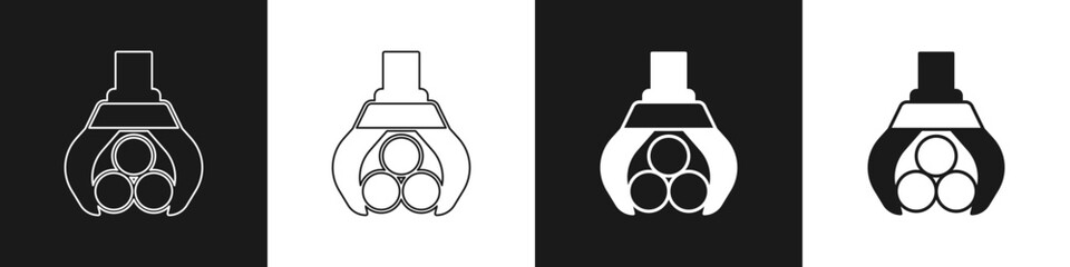 Set Grapple crane grabbed a log icon isolated on black and white background. Forest industry. Industrial crane for lumber trunk wood production. Vector