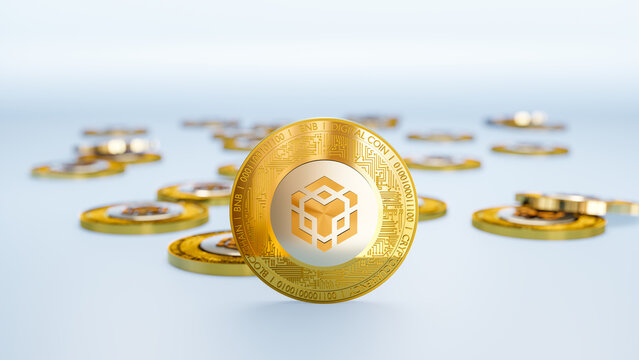 binance coins lying on the table, bnb cryptocurrency tokens with sign and logo on gold coins, 3d rendering