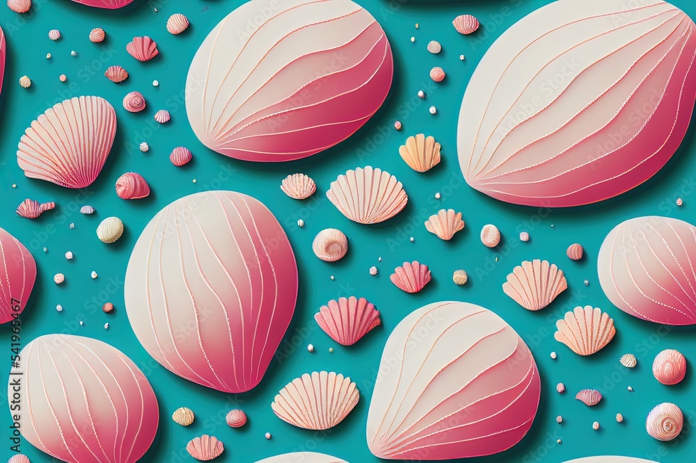 Poster cute seamless pattern with algae, corals and seashells.