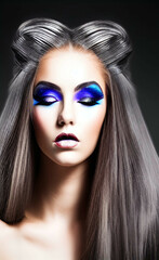 Portrait of a girl with creative makeup and hairstyle. Illustration. Created with the help of artificial intelligence