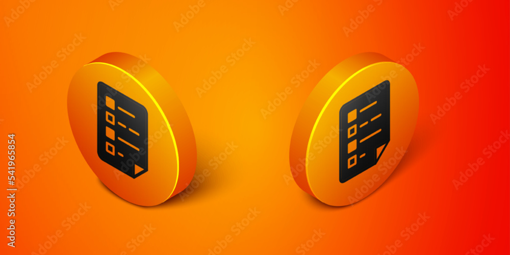 Poster isometric clipboard with checklist icon isolated on orange background. control list symbol. survey p