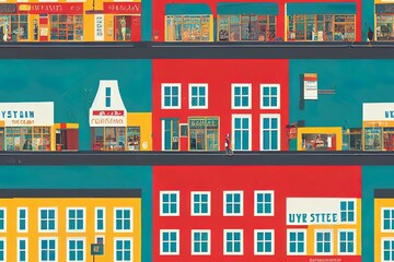Urban landscape or view of European city street with stores, shops, sidewalk cafe, restaurant, bakery, coffee house. Seamless banner with building facades. Flat illustration in cute style.