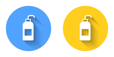 White Bottle of liquid antibacterial soap with dispenser icon isolated with long shadow background. Antiseptic. Disinfection, hygiene, skin care. Circle button. Vector