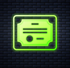 Glowing neon Certificate template icon isolated on brick wall background. Achievement, award, degree, grant, diploma concepts. Vector